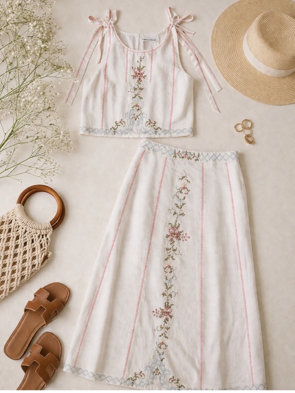 Camila Coelho Cream Floral Embroidered Top and maxi skirt Two-Piece Set (Sezane)